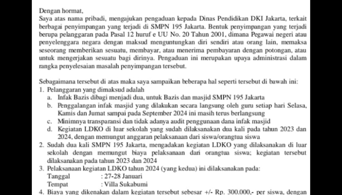 Berbagai Dugaan Penyimpangan di SMPN 195 Dilaporkan ke Dinas Pendidikan DKJ